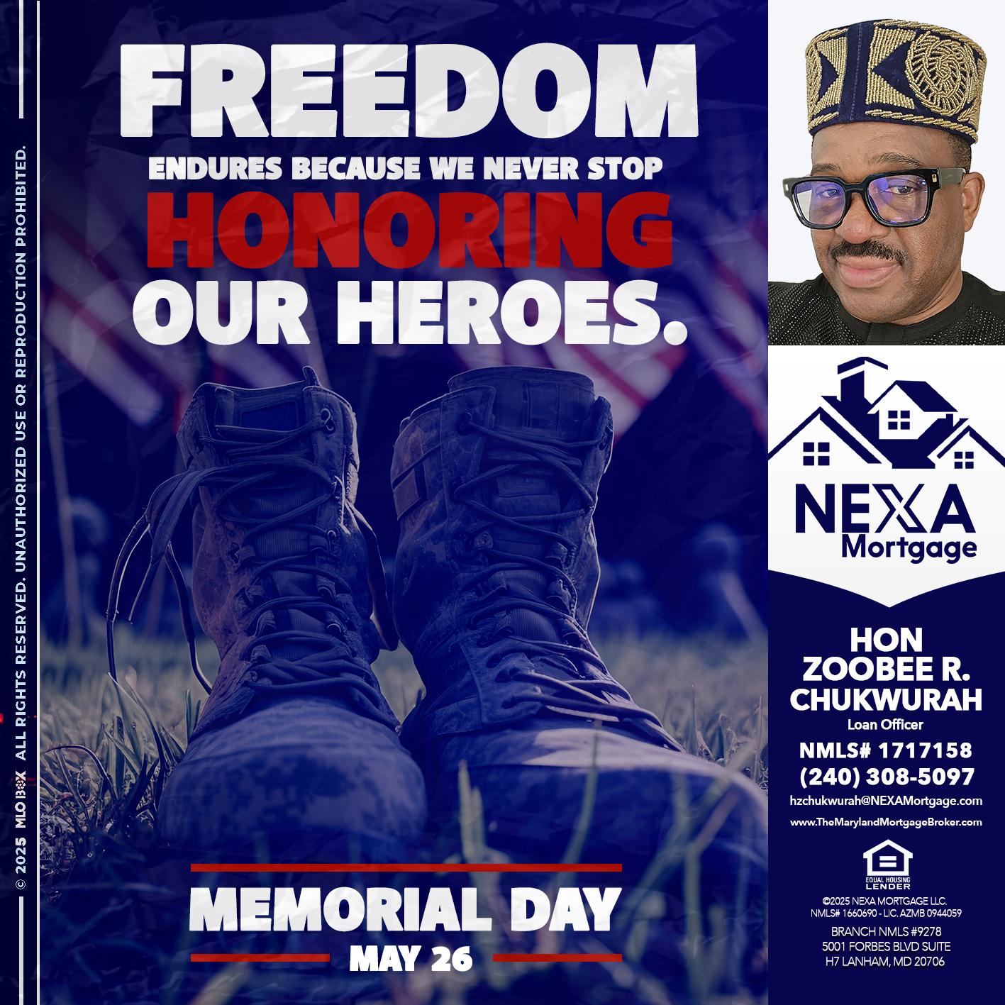Memorial Day - Hon Zoobee R Chukwurah -Mortgage Loan Originator