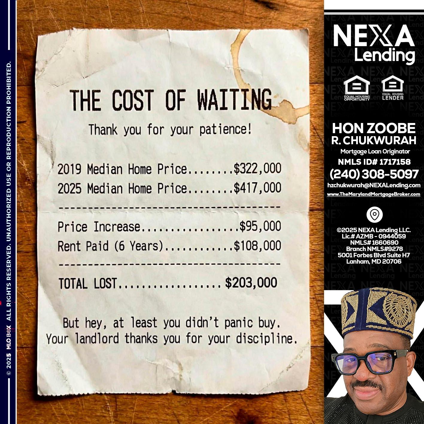 THE COST OF WAITING - Hon Zoobee R Chukwurah -Mortgage Loan Originator